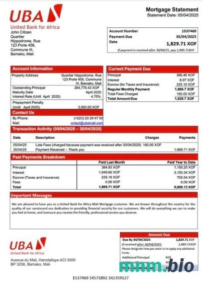 Mali United Bank for Africa Mali wyciąg z kredytu hipotecznego szablon Word i PDF